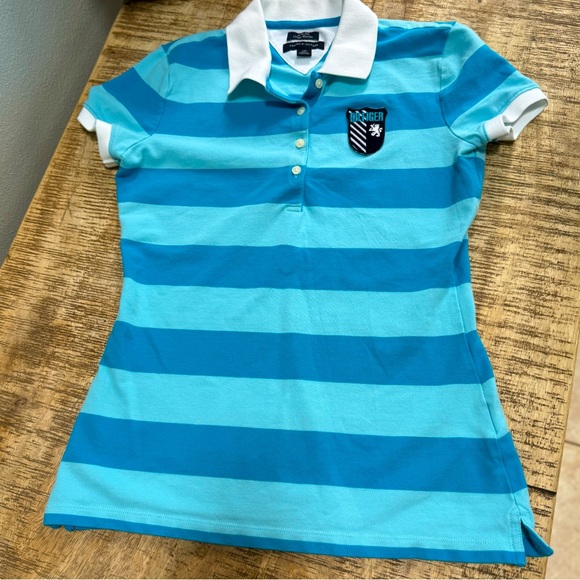 Tommy Hilfiger Blue Striped Polo Shirt with Intarsia Crest Logo - Picture 1 of 10